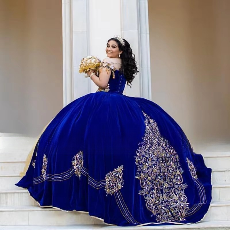 Royal Blue Quinceanera Dresses Veet Beads Crystal Sweet 16 Mexican Girls Prom Gowns Ruffles vestidos de 15 anos Custom Size