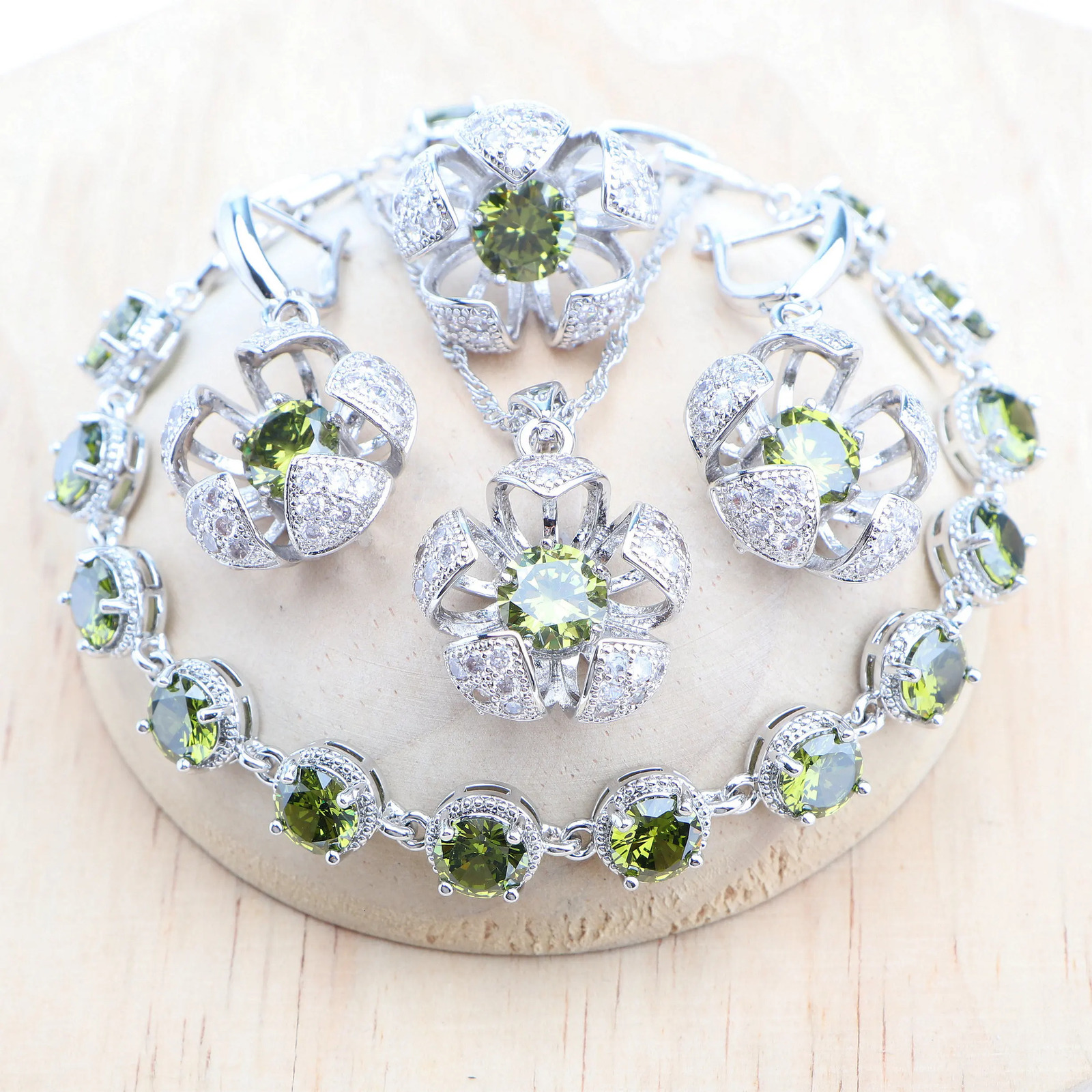 Bridal Silver 925 Round Olive Zircon Jewelry Set Ring Bracelet Pendant Earrings Necklace Set 241106