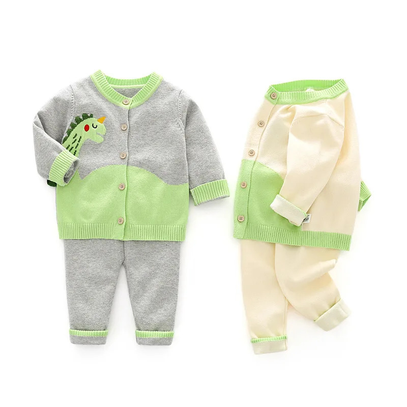 Spring Autumn 0-3 Year Baby Boy 2PCS Clothes Set Patched Dinosaur Sweaters Woven Cotton Knitted Pants Suit Infant Boy Outfit 241106