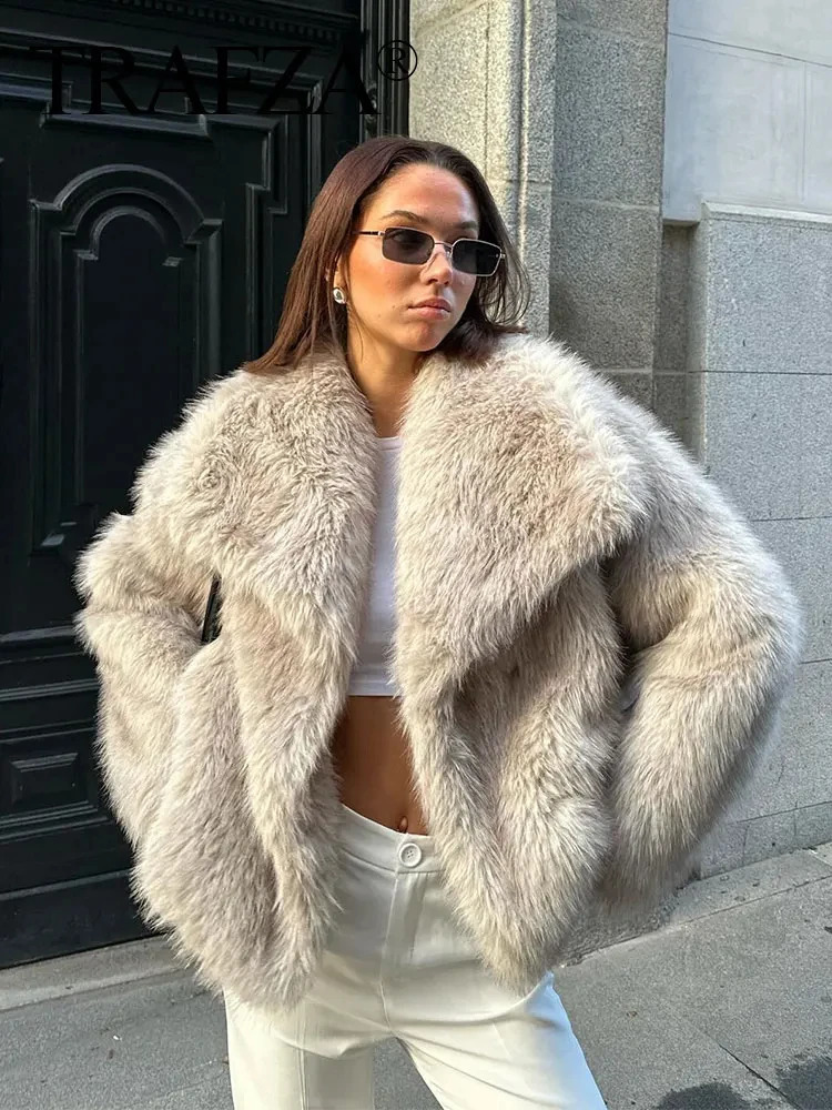 TRAFZA Women Fashion Faux Fur Jacket Vintage TurnDown Collar Long Sleeve Coat Autumn Winter Woman Elegant Streetwear 241104