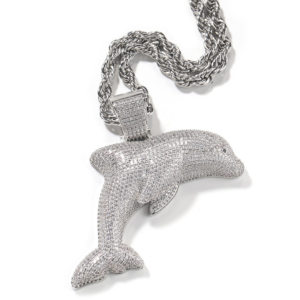 Hip Hop Animal Dolphin Pendant Necklace 5A Blue Zircon Women Men Children Rap Jewelry