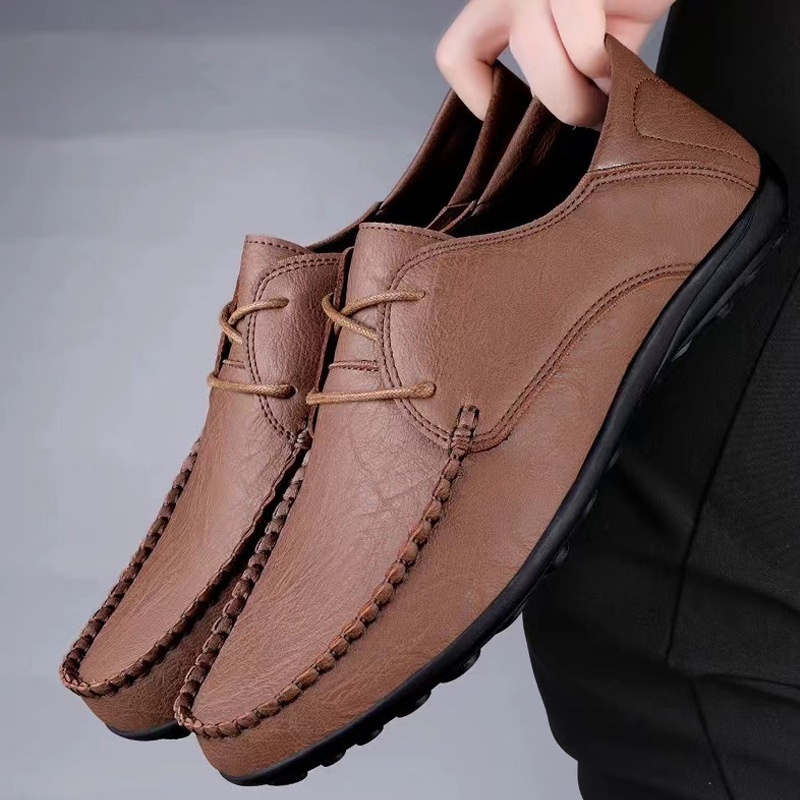 Large Size Microfiber Lace Up Loafers, 2024 Autumn And Winter New Style Fashionable Bean Shoes, Classic Men's Leather Shoes
