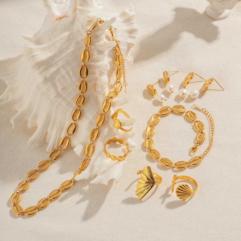 18K PVD galvanized design stainless steel beach resort shell element waterproof pendant necklace/earring metal enchanting jewelry X241106