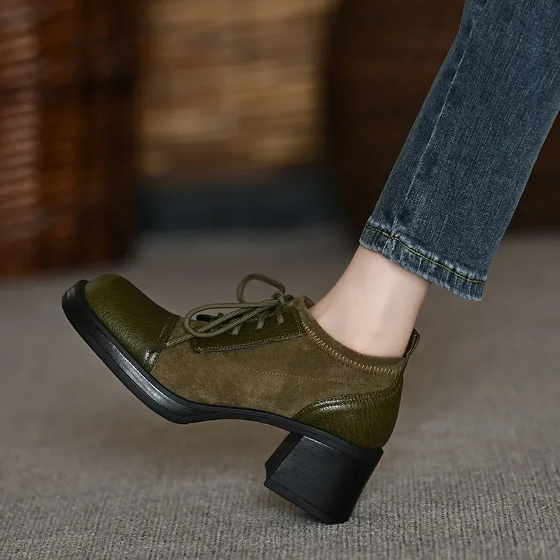 Boots Womens Fashion CasualShoes Solid Color Shoes for Women Lace Up Round Toe Chunky Heel Ladies Dress Shoes 241106