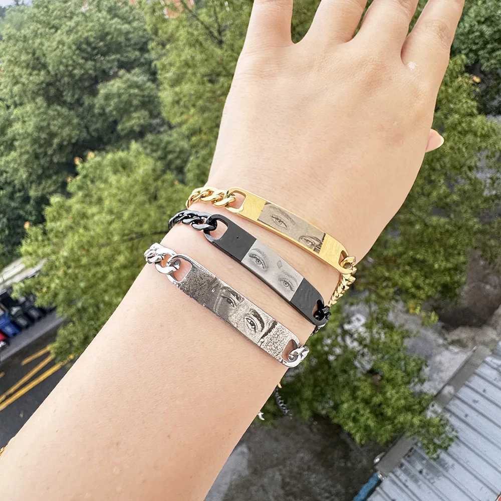 Personalized E photo couple bracelet stainless steel Cuban chain bracelet can be carved picture Personalized jewelry set X241106