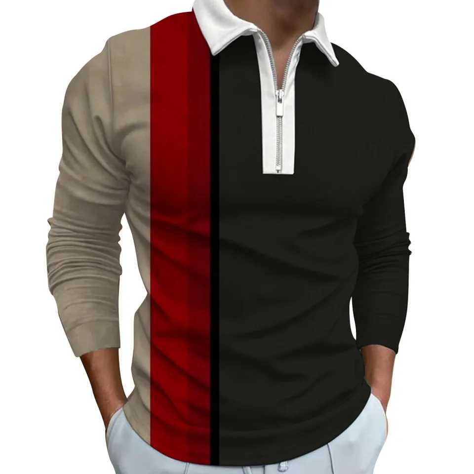 2024 Simple Stripe Print Mens Shirt Fashion High Collar Lapel T-shirt Mens Top Outdoor Casual Long Sve T-shirt Mens W241106