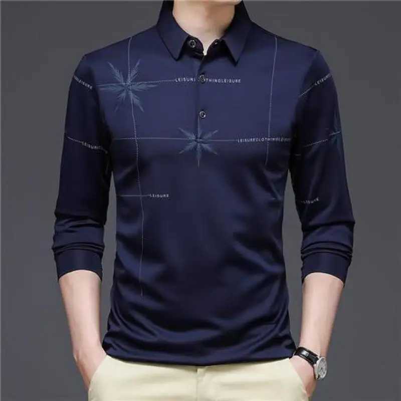 Long Sve Mens Polo T-shirt Spring and Summer Striped Flat V-neck Ts Clothing Button Loose Printed Top W241106