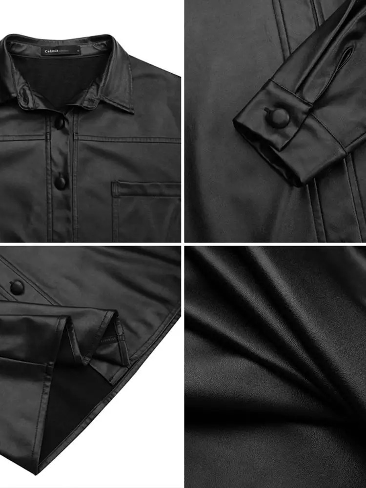 Celmia Women PU Leather Jackets Autumn Long Sleeve Lapel Outerwear Casual Street Overshirts Fashion Faux Leather Black Tops 241106