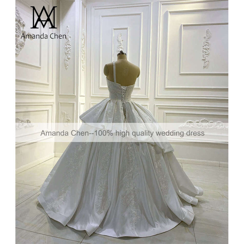 One Shoulder Lace Applique Tiered Satin Wedding Dress