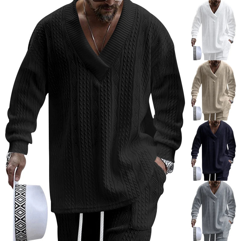 Mens Sweater Autumn Winter V-Neck Jacquard Warm Solid Color Long-Sleeved Sweater Casual Fashion Street Suit Mens Pullover 241106