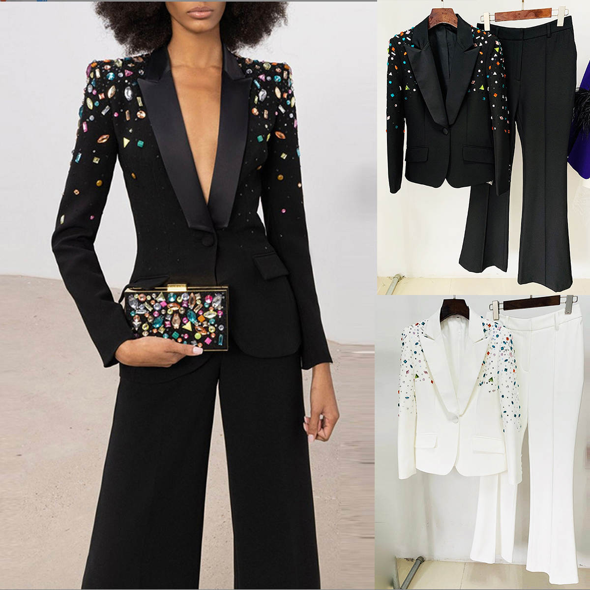 Classic Women Pant Suits Colorful Crystal Blazer Ladies Outfits Party Birthday Prom Blazer 2 Pieces Sets Mother Pants Suit