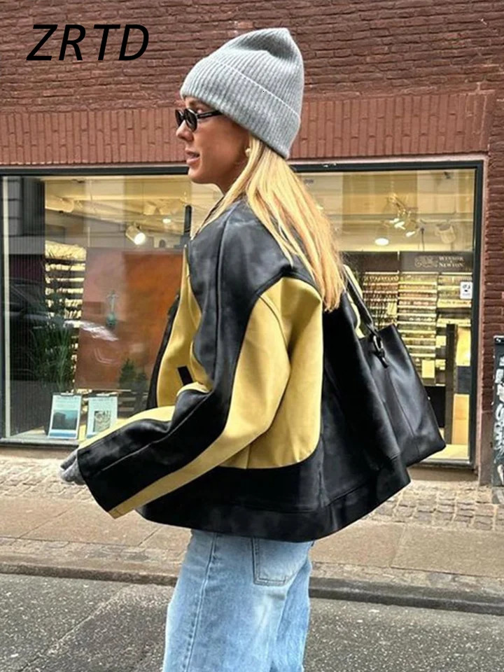 Vintage Patchwork Womens Leather Jacket Loose O-neck Long Sleeve Zipper Moto Biker Coats 2024 Autumn Lady Contrast Y2K Outwear 241106