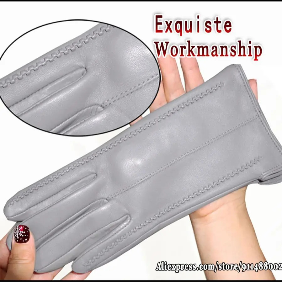 Leather gloves for women sheepskin flannel lining autumn and winter high-end black touch screen color drive model 241106