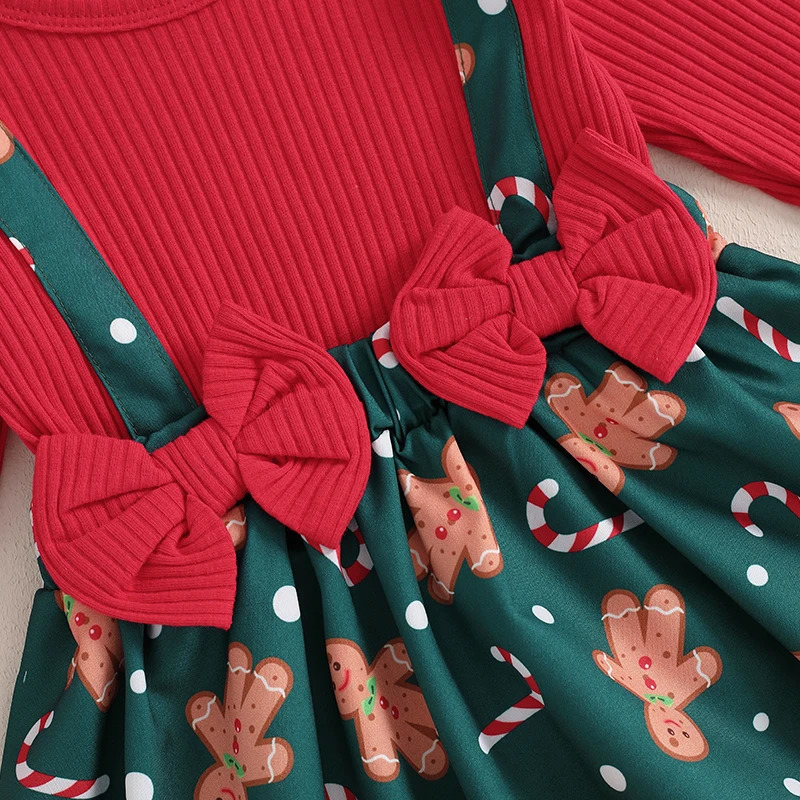 Toddler Baby Girls Christmas Skirt Set Plaid Gingerbread Man Bow Long Sleeve Ribbed Ruffled Overall Dress Headband 2Pcs Outfit 241106