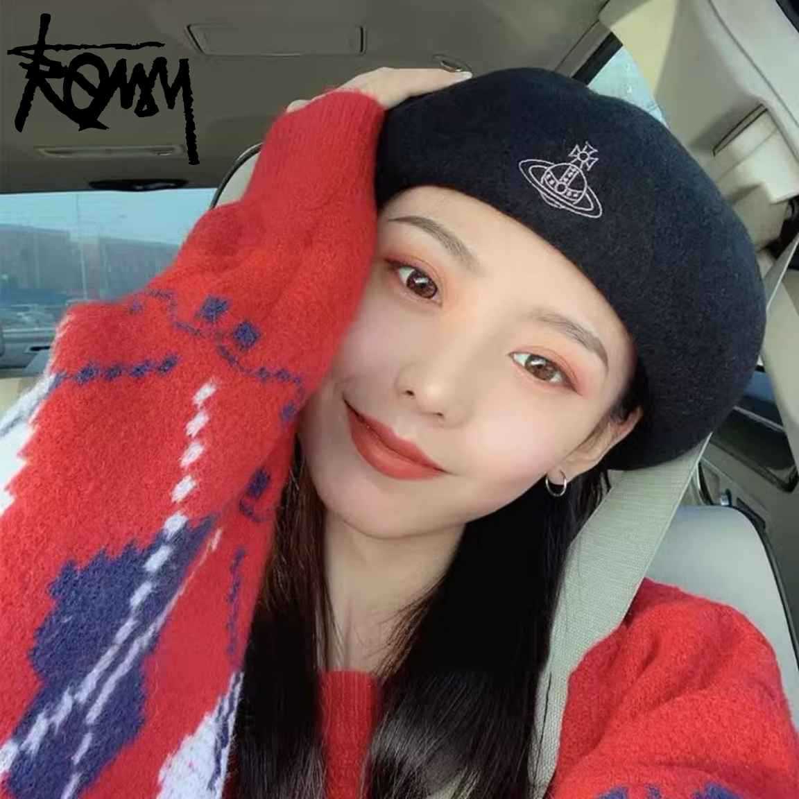 Designer Vivianne West Wood Hat Winter 10% Off Western Empress Dowager Classic Saturn Embroidery Solid Color Versatile Warm Pure Wool Beret for Women