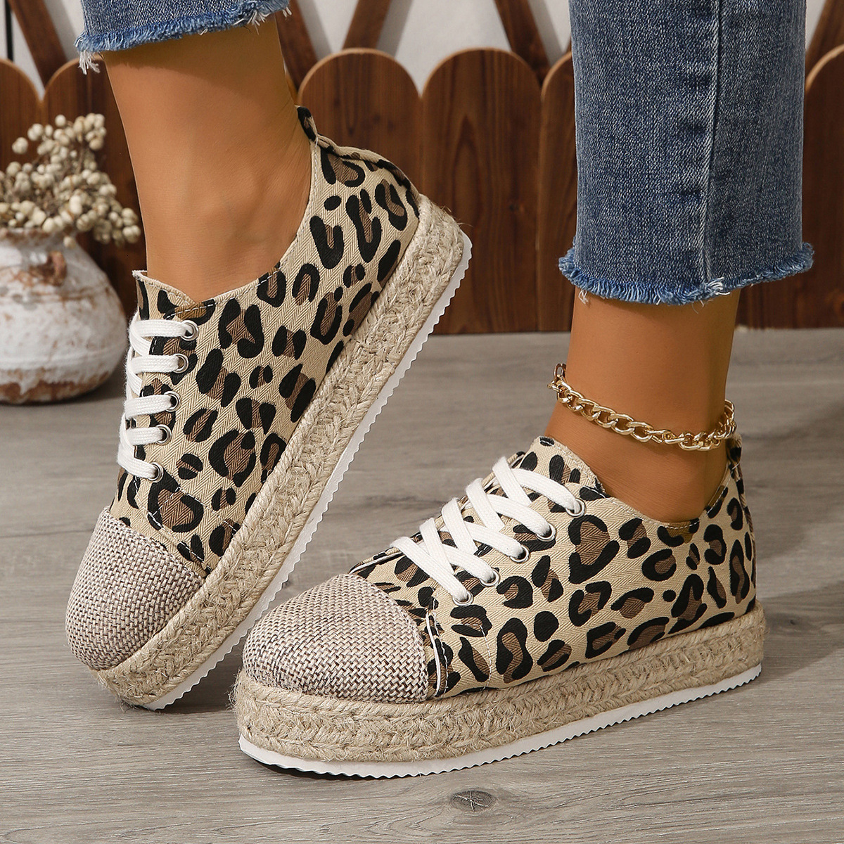 Women's round toe lace up breathable leopard print single shoe with hemp rope thick sole and low cut canvas, Zhuotian