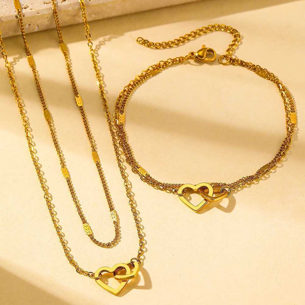 Stainless steel jewelry set high-end and atmospheric bracelet necklace double chain design jewelry set X241106