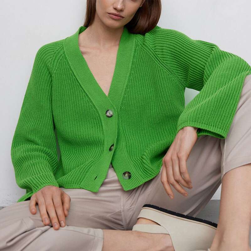 Talenza V-Neck Short Sweater Women's Solid Long Sleeve Button Casual Loose Commuting Knitted Cardigan Jacket