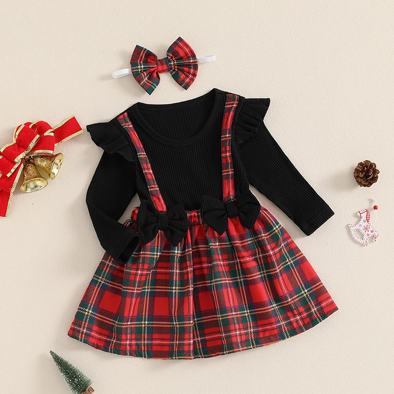 Toddler Baby Girls Christmas Skirt Set Plaid Gingerbread Man Bow Long Sleeve Ribbed Ruffled Overall Dress Headband 2Pcs Outfit 241106