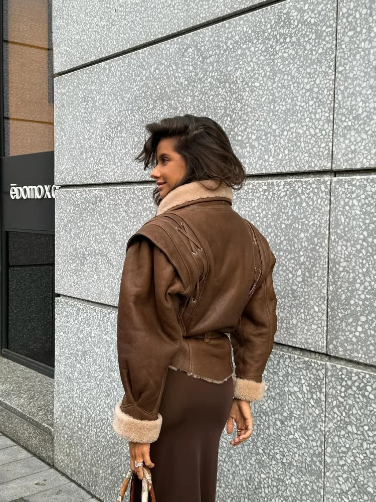 Fashion Warm Furry Leather Woman Jacket With Belt Chic Lapel Long Sleeve Motorcycle Coat Lady 2024 Winter High Street Outerwear 241106