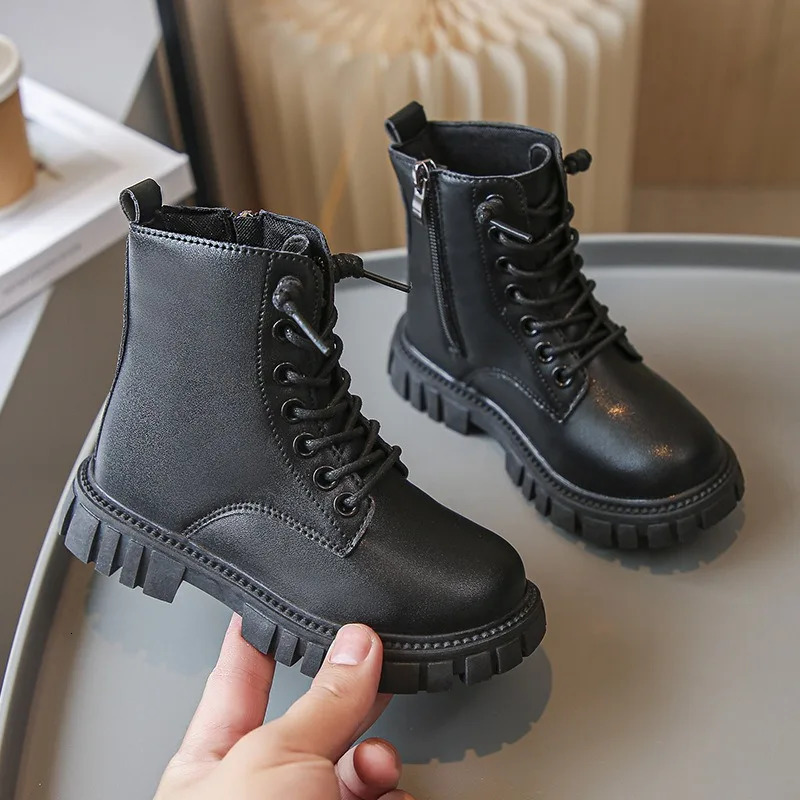 Childrens Platform Ankle Boots Autumn Winter Girls Causal Black Leather Boots Fashion Non-slip Kids School Thick Bottom Boots 241106