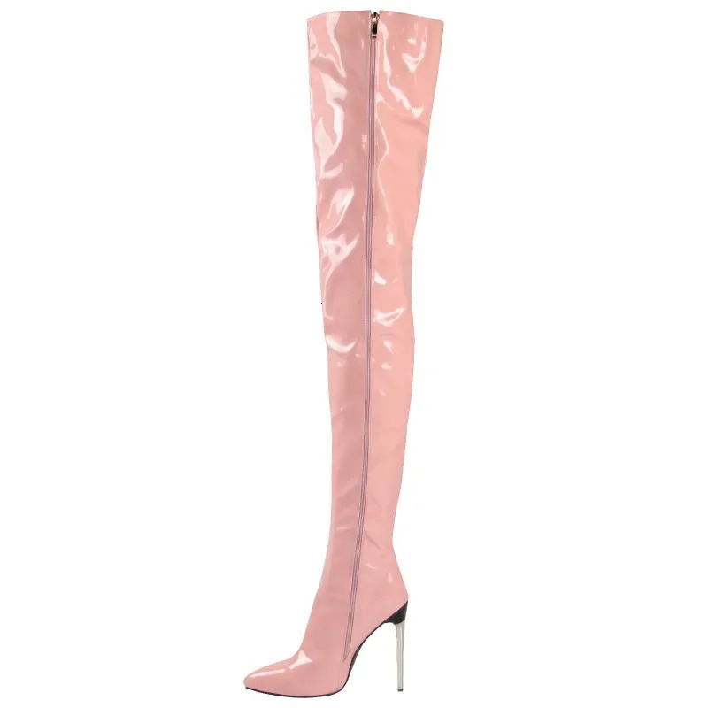 Sexy Point Toe High Boots 12cm Metal Stiletto High Heels Womens Patent Leather Set Party Boots Knee High Boots Plus 47 48241106