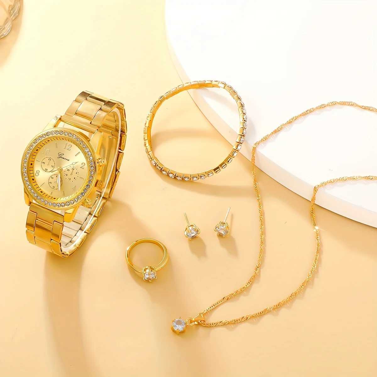 Elegant 6-piece English watch and jewelry set - stainless steel with rhinestone perfect gift for Ms X241106