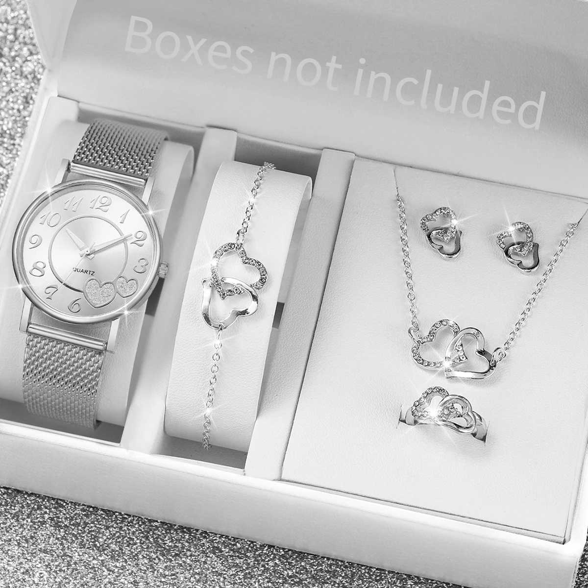 6-piece/set fashion dial thermometer plastic strap quartz watch rhinestone jewelry set (frameless) X241106
