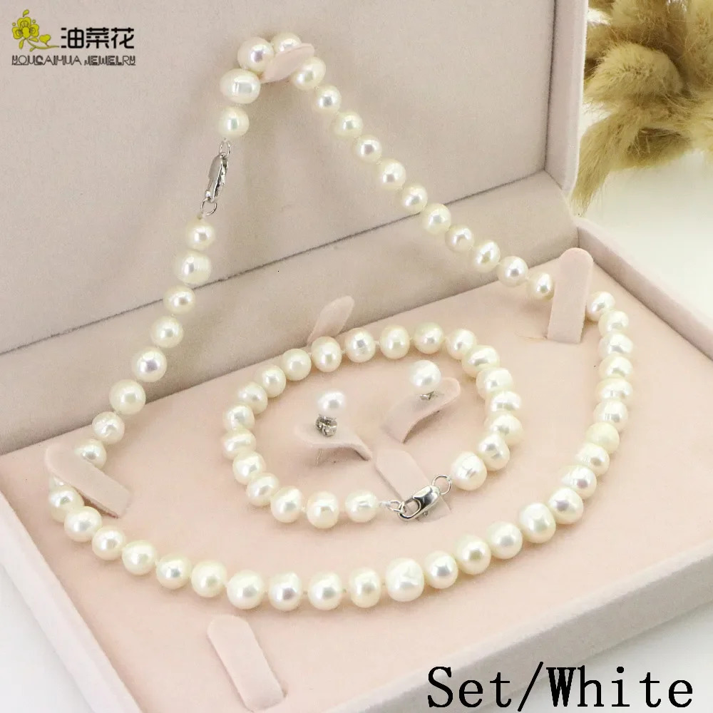 Womens Pearl Necklace 8-9mm Natural Freshwater White Pearl Necklace Earrings Bracelet Set Wedding Jewelry Birthday Gift 241106