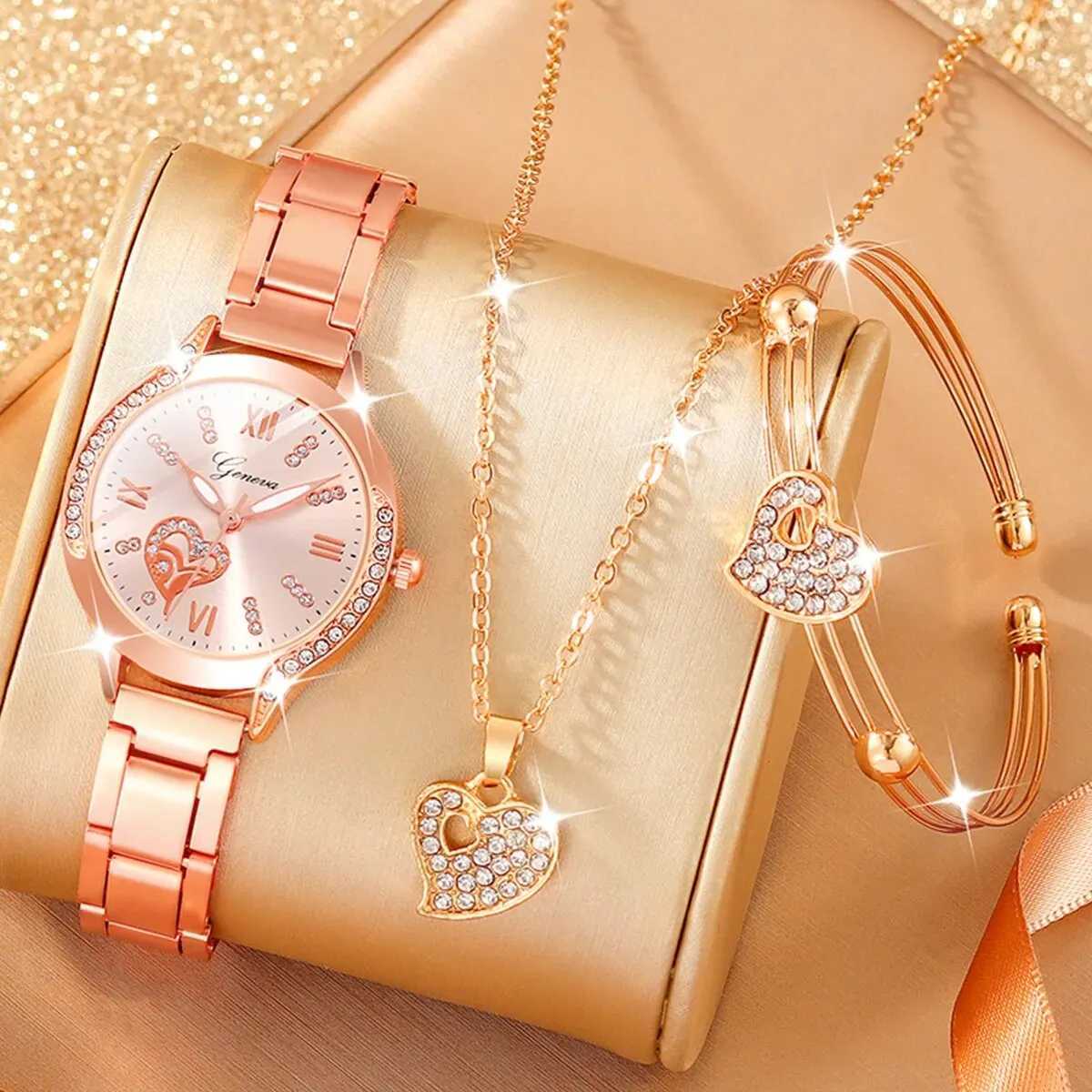 6 Womens Fashion Simple Designer Star Ran Rhinestone Steel Strap Quartz Watch Luxury Pearl Rhinestone Jewelry Set X241106