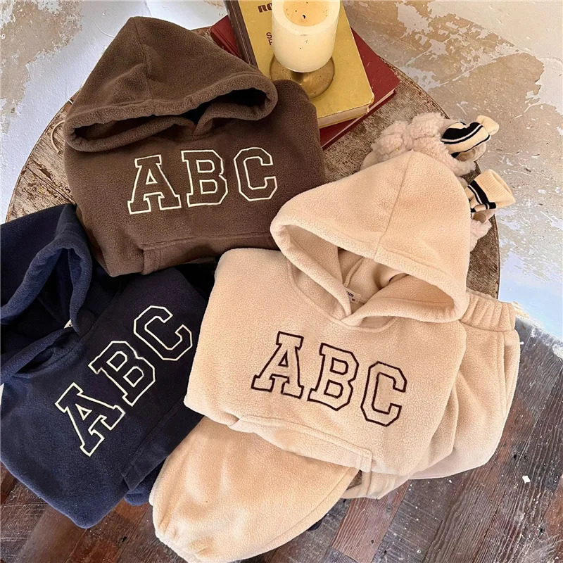Baby Boy Girl Hooded Clothes Set HoodiePant 2PCS Infant Toddler Child Warm Fleece Home Suit Winter Spring Baby Clothes 1-10Y 241106