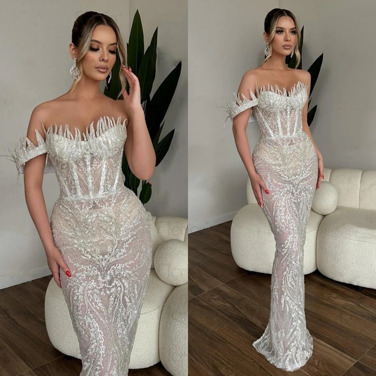 Stylish Sexy Wedding Dresses Sequins One Shoulder Bride Gown See Through Mermaid Bridal Dress Illusion Customized Vestidos De Novia