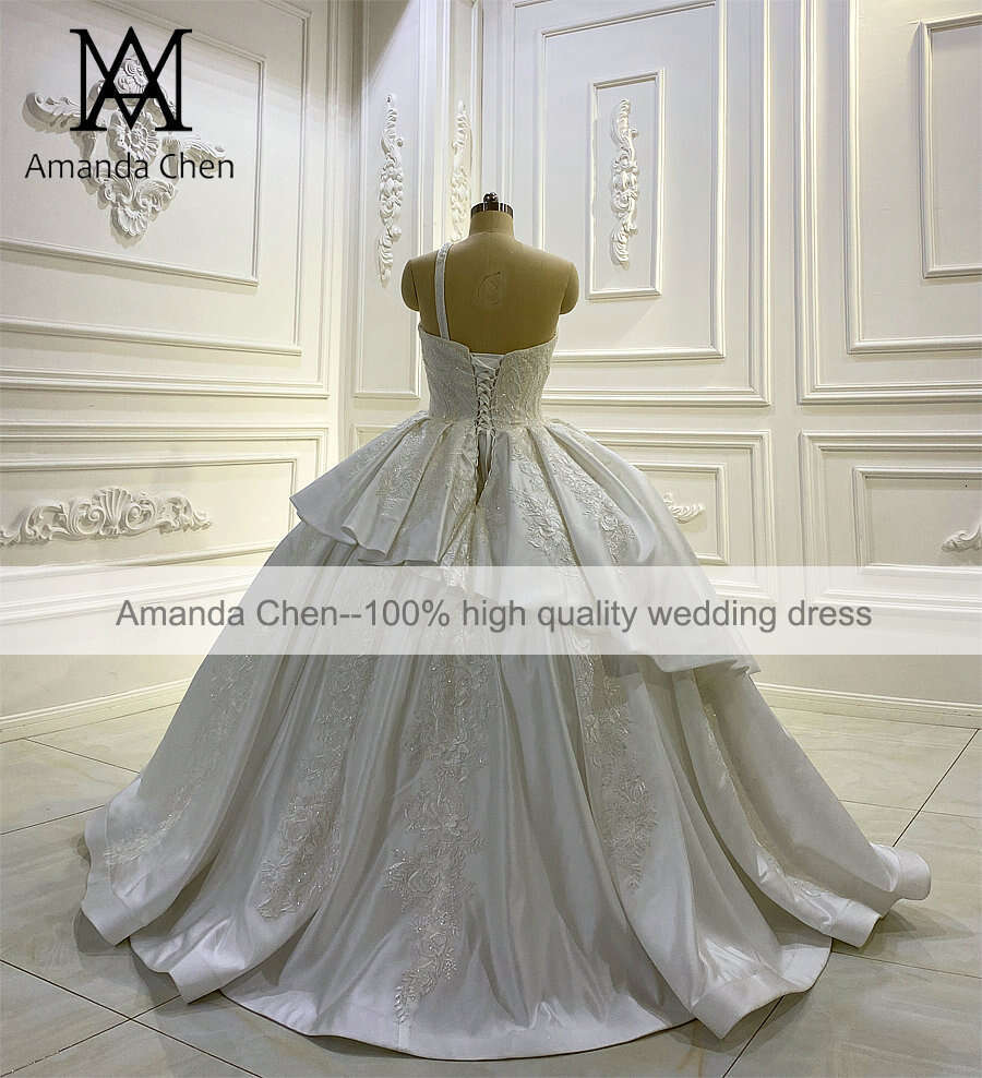 One Shoulder Lace Applique Tiered Satin Wedding Dress