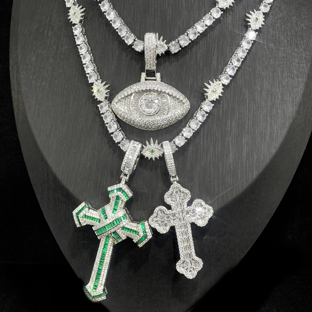Hip Hop Cross Pendant Necklace with 5mm Tennis Chain Jewelry Set Gold Plated