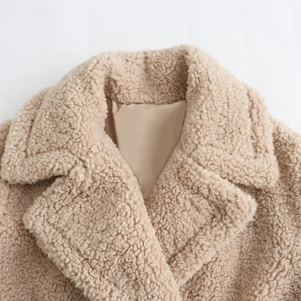 PB ZA womens autumn and winter lapel longsleeved doublebreasted lamb wool fleece long coat 241104