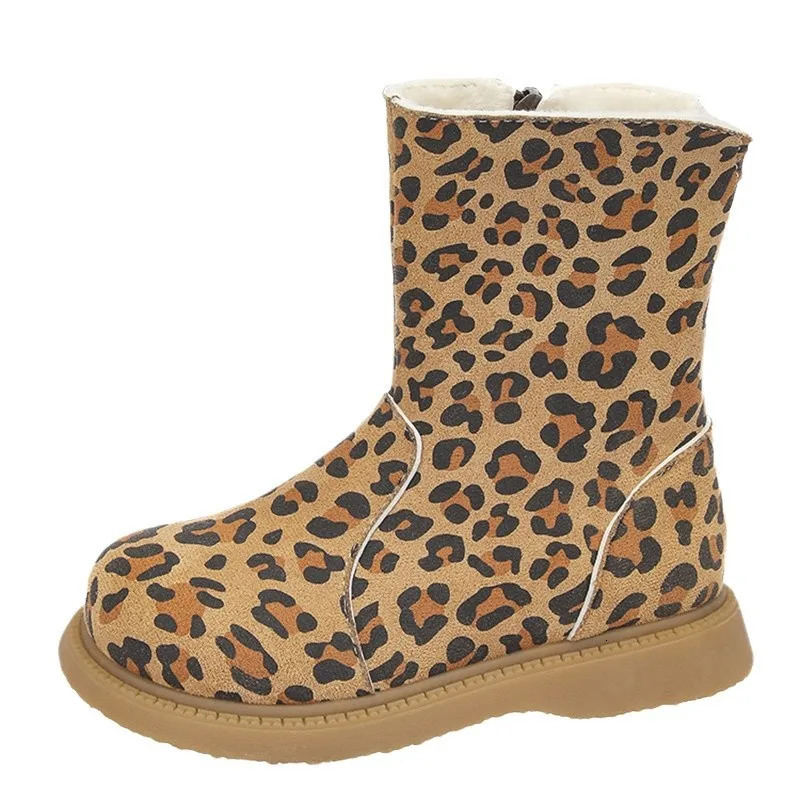 Kids Boots Winter Girls Fashion Middle Calf Princess Snow Boots Toddler Children Boys Leopard Warm Fur Shoes Soft Sole 241106