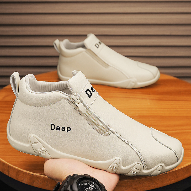 2024 Autumn New High Zipper Leather for Men's Casual One Step Korean Version Mid Top Labor Protection Work Board Shoes Trend