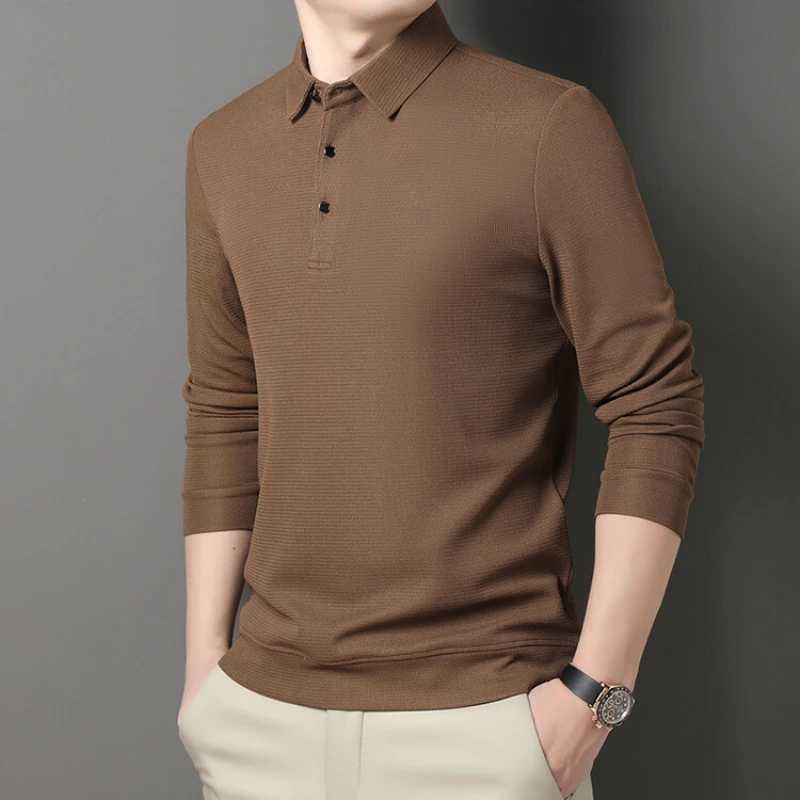 Winter new solid color stretchable business casual mens long sleeved loose and breathable slim fit collar T-shirt. W241106