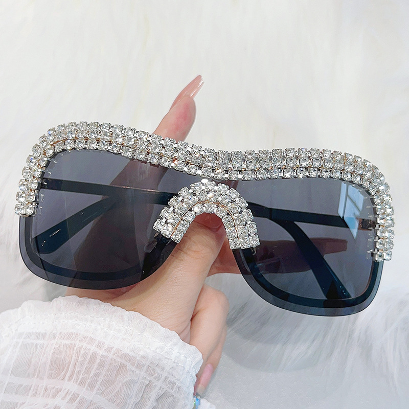 Vintage Sunglasses With Diamonds Uv400 Protection Mirrored One Piece Lens Rimless Women Sunglasses