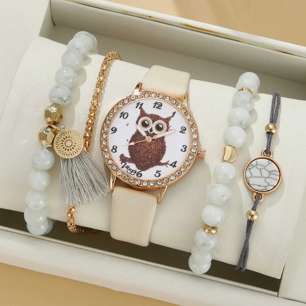 The trend of 5-piece set and Versatile Academy leather inlaid diamond watch cartoon owl quartz watch X241106