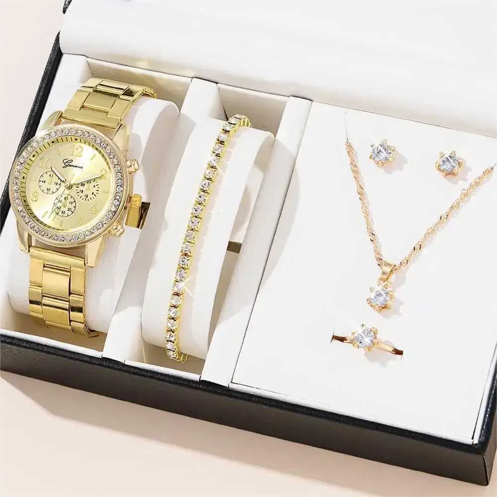 6 pieces/set of jewelry set luxurious quartz watch with stainless steel strap clock rhinestone ring necklace earrings (without box) X241106