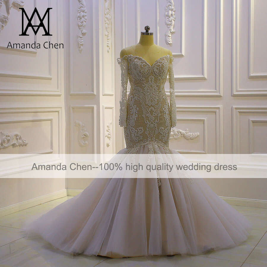 Off Shoulder Long Sleeve Lace Appliques Champagne Mermaid Wedding dress