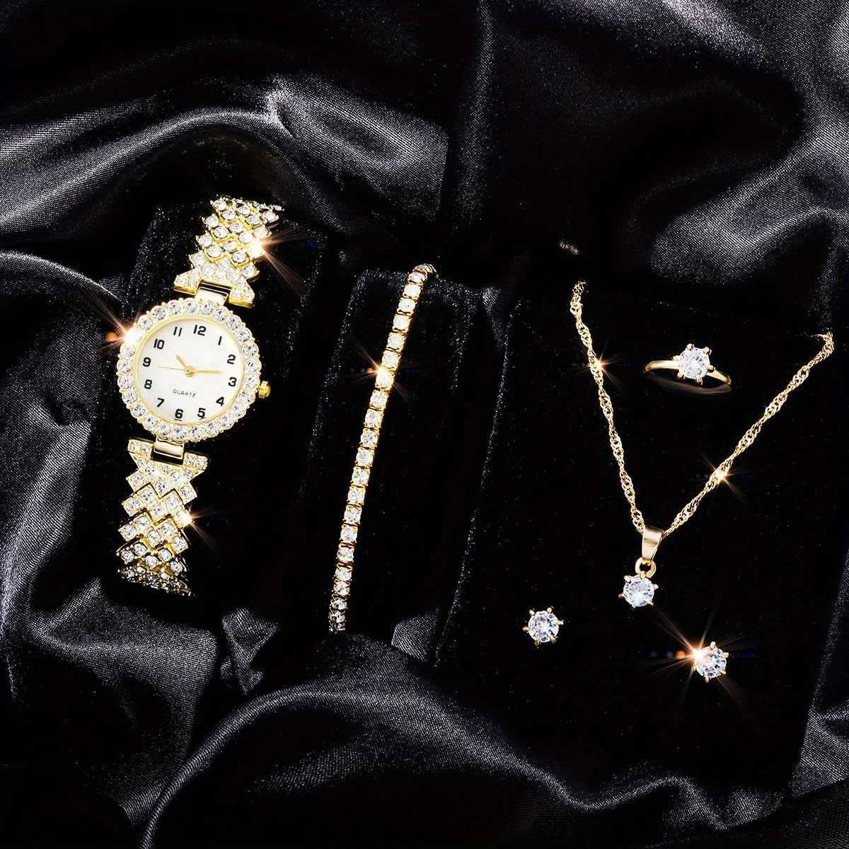 1 rhinestone decorated quartz analog watch and 5 jewelry sets Childrens Day gift X241106