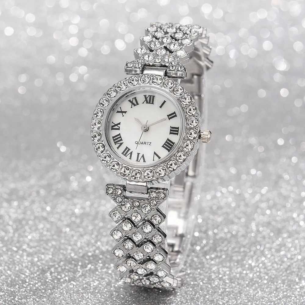 Fashionable luxury Fl crystal 5-piece watch necklace earrings ring set Rhinestone watch Fem bracelet set gift X241106