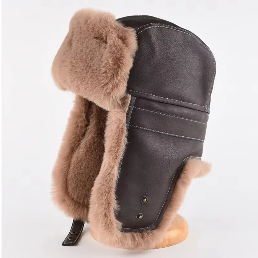 Artificial fur leather bomber hat with earrings Hunter winter pilot hat mens thick warm ski hat Usanka Russia 241106