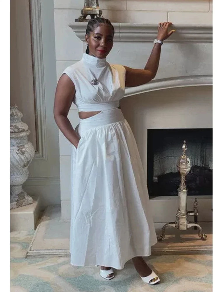 Summer Dresses Mock Neck Sleeveless Cutout White Maxi Dresses A-line Elegant Pockets Casual Party Hollow Out Long Dress