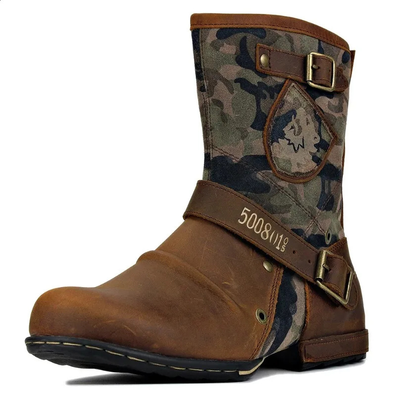 Retro mens mid-range boots with buckle edges and zipper mens horseback riding sports shoes autumn and winter non slip boots western casual cowboy boot