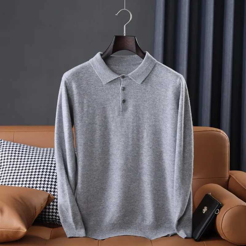 High quality ultra-fine cashmere knitted lapel mens T-shirt long Sve shirt solid color trend casual gray white black W241106
