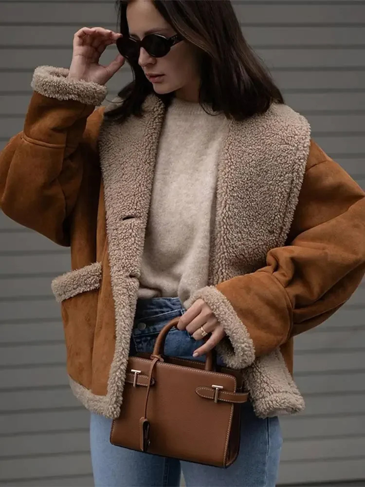 Women Chic Lapel Lamb Wool Patchwork Coat Casual Button With Pocket Thickened Jacket 2024 Autumn Winter Lady Retro Outerwear 241106