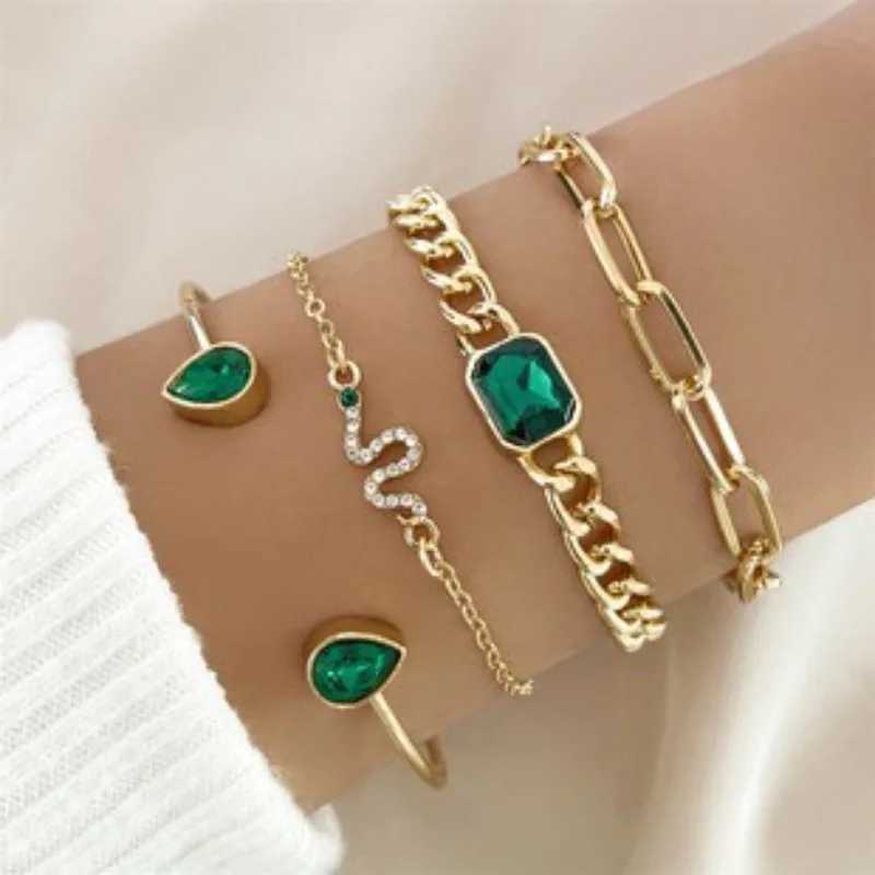 7 Simple Mtilayer Gold Green Water Diamond Bracelet Set Fahsion Serpentine Zircon Bracelet X241106